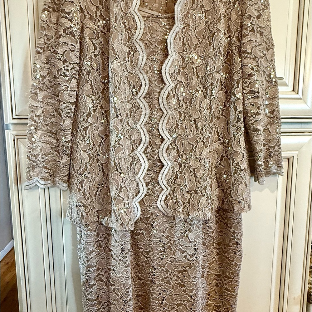 Like New! Alex Evening Elegant Lace Dress Set in Tan-Gold! Size 14 - Picture 2 of 8